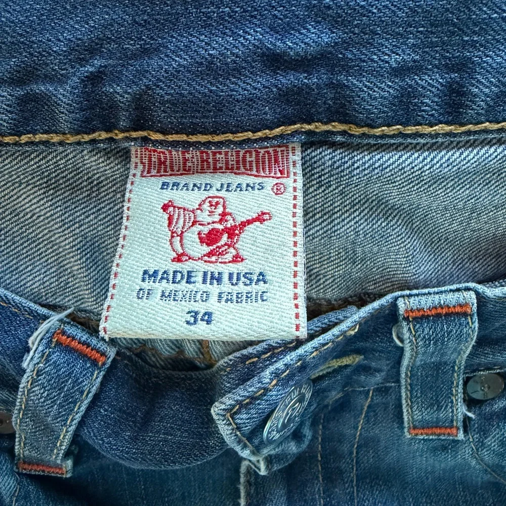 True Religion Jeans Mens 34 Blue Ricky Straight Leg Distressed Denim Inseam 33”